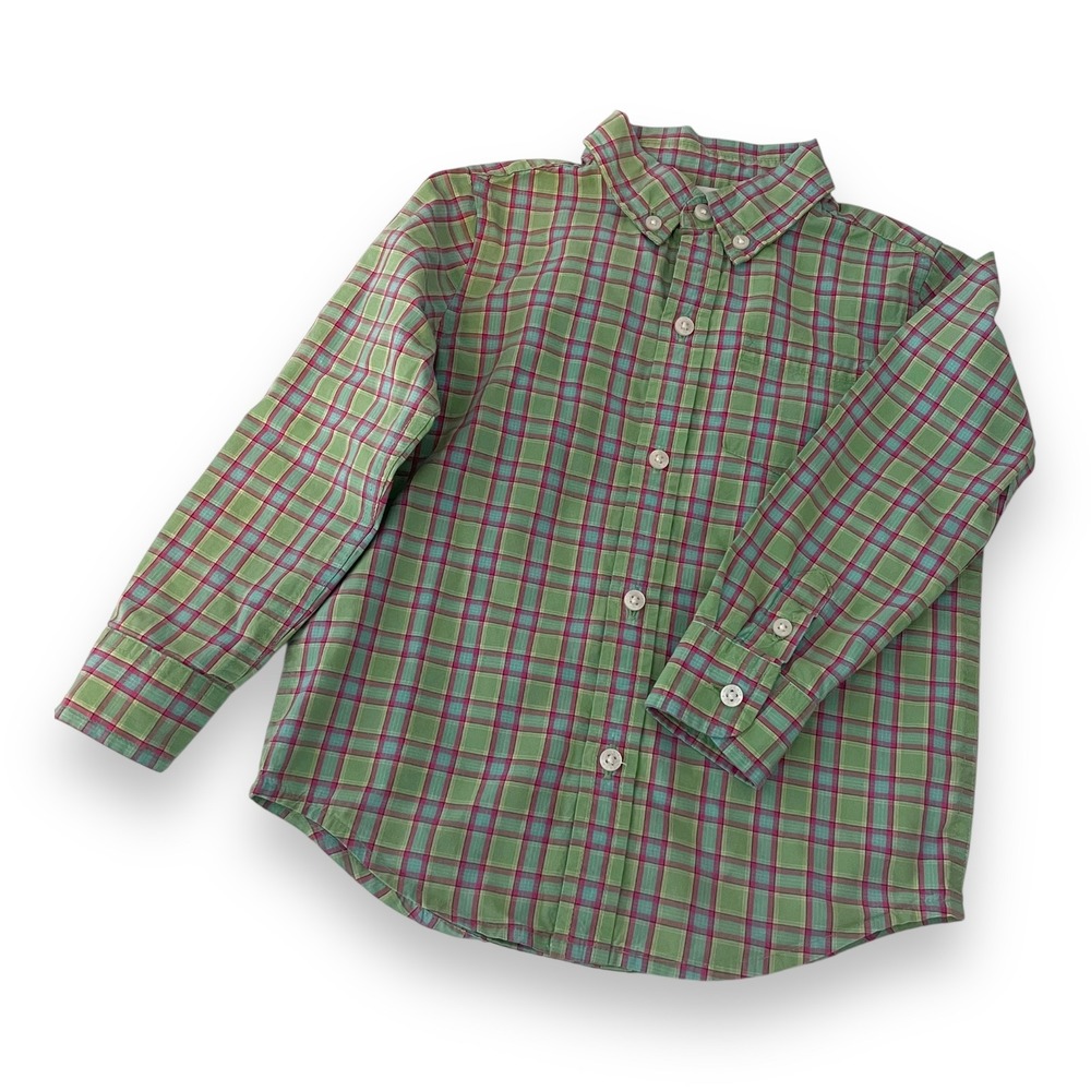 Janie and Jack Boys Green Pink Plaid Button Down Shirt Size 3 Long Sleeve Cotton